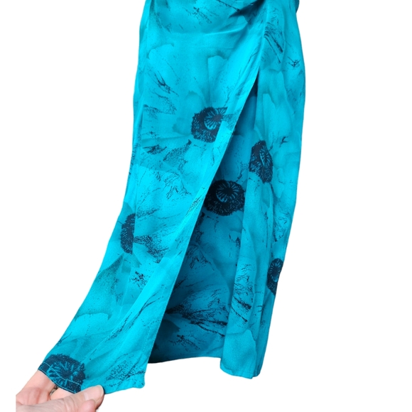Equipage floral blue-green & black silk midi dress faux wrap drop sleeve size 12 - Picture 9 of 14